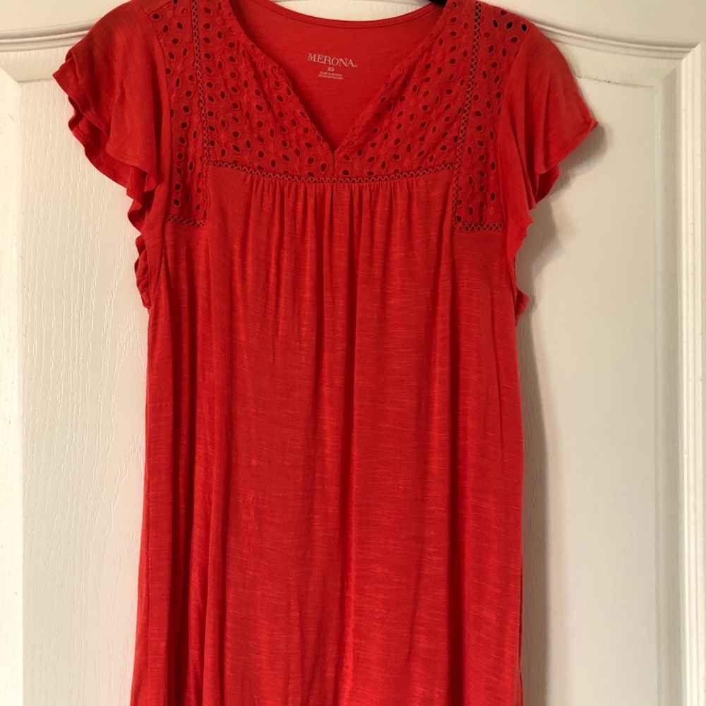 Coral colored short-sleeve shirt from Target.